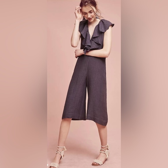 Anthropologie Maria Stanley CascadaRuffled Neckline Cropped Jumpsuit Size … - Picture 1 of 6